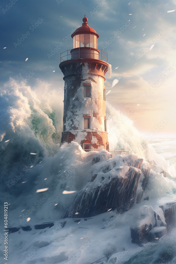 Poster  a frozen lighthouse standing strong amidst crashing waves, representing resilience and endurance in the face of harsh winter conditions.  Generative AI technology.