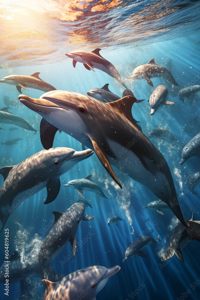 Poster a pod of dolphins swimming in perfect synchrony, creating a sense of harmony and unity in the vastne
