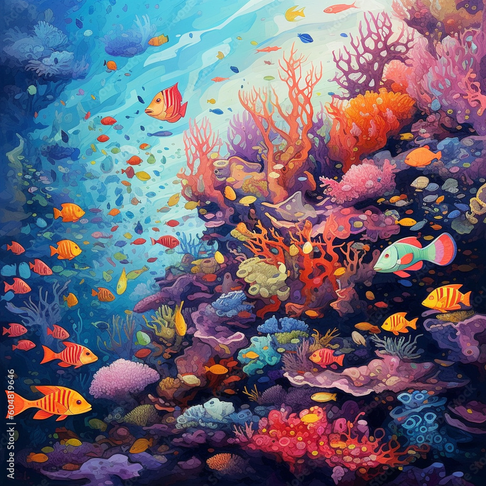 Poster an abstract depiction of a vibrant coral reef teeming with colorful fish, conveying the diversity an