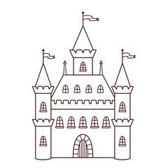 Vector medieval castle in thin line style, outline illustration of ancient citadel with towers, children coloring book of castle.