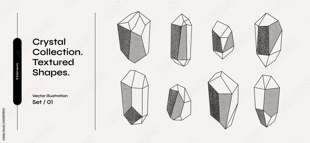 Poster Set of crystals drawn with thin lines. Set of gems or minerals. Collec􀆟on of irregular geometric shapes on a light isolated background. Graphic elements for your design.