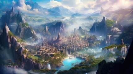 Landscape of Medieval Fantasy City Surrounded By Mountains Generative AI