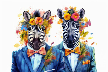 Two zebras dressed in suits with flowers on their heads. Generative AI.