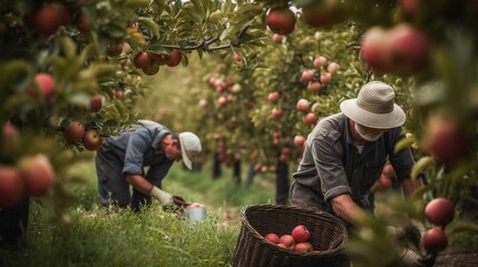 Harvesting apples in an apple orchard - Two men picking apples from a tree. Generative AI. - obrazy, fototapety, plakaty