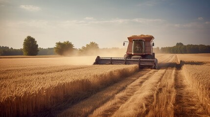 Combine harvester working on a wheat field. Harvesting concept. Generative AI. - obrazy, fototapety, plakaty
