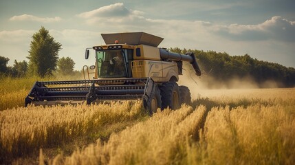 Combine harvester working on a wheat field. Harvesting concept. Generative AI. - obrazy, fototapety, plakaty