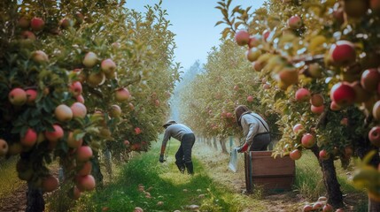 Workers picking apples from a tree in an orchard in autumn. Generative AI.