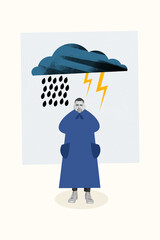 Full body collage of young man wear painted waterproof jacket raining weather thunderstorm hands...