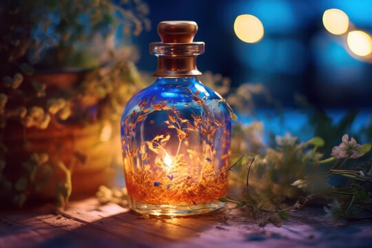 A small jar with a cork with a magic elixir and flowers inside in a clearing in a fairy forest. AI generation