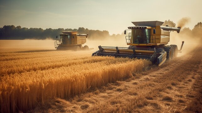 Combine harvester working on a wheat field. Harvesting concept. Generative AI.