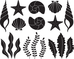 貝と海藻のシルエットベクターイラスト © Kaori