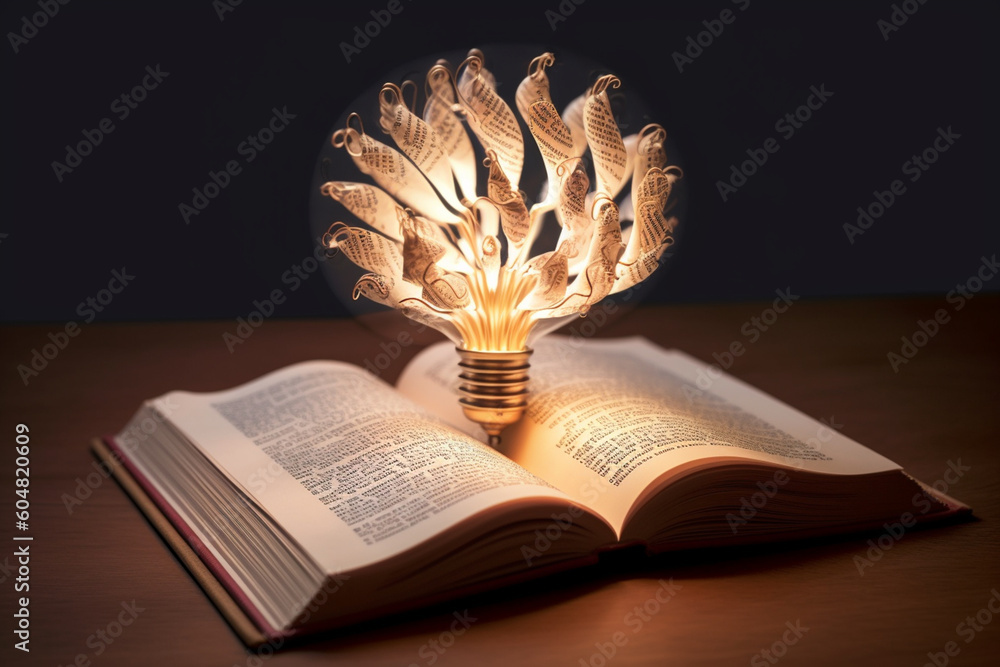 Poster An intricate paper-cut scene of a lightbulb emerging from the pages of an open book, symbolizing the connection between knowledge, ideas, and intellectual illumination.  Generative AI technology.