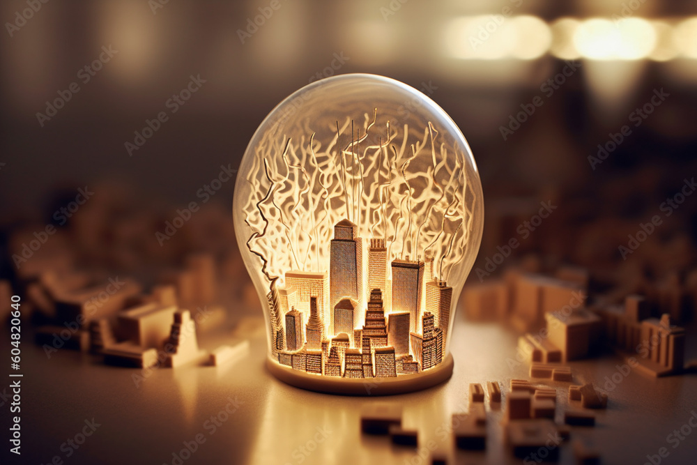 Poster an intricate paper-cut scene of a lightbulb with roots growing deep into a cityscape, representing t