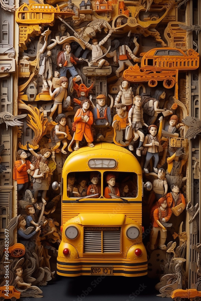 Poster A captivating paper-cut design of a school bus filled with students, with intricate details in the cutouts depicting their excited expressions and backpacks.  Generative AI technology.
