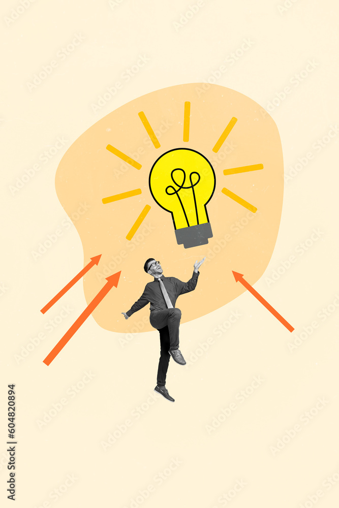 Poster vertical collage image of mini black white effect elegant guy jump arrows indicate big light bulb is