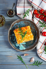 Meat lasagna with bolognese sauce and bechamel sauce. Classic lasagna. Top view