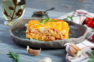Meat lasagna with bolognese sauce and bechamel sauce. Classic lasagna
