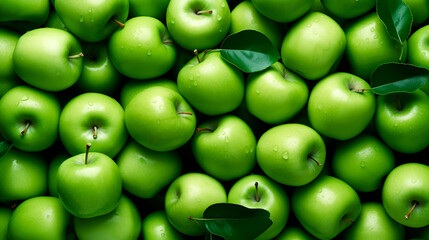 Green apples top view background. Organic healthy ripe fruits. Close up green leaves natural market poster photo