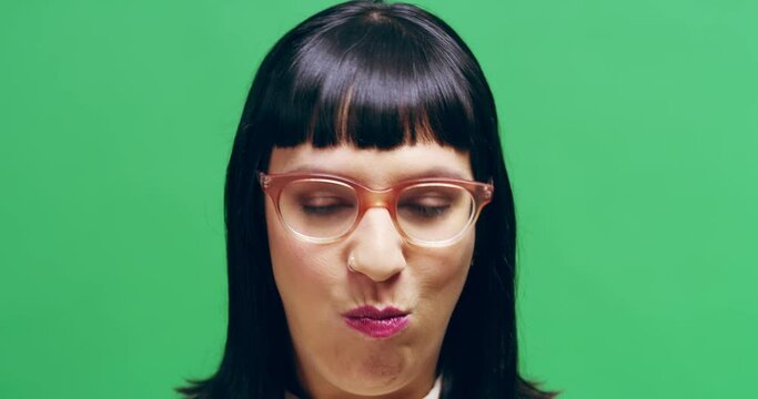 Green screen, portrait of woman with marshmallow in mouth, full of food. Hungry or starving, weight gain or addiction and funny person eating candy or sugar sweets, greedy on chroma key background