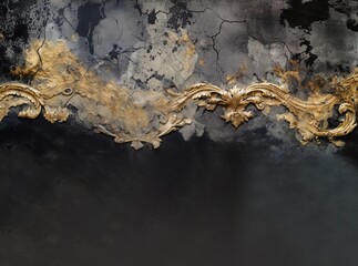 Obraz na płótnie Canvas Distressed painted antique wall in black and gold, golden shiny rococo ornaments texture. Beautiful distressed luxury vintage surface. Generative Ai.
