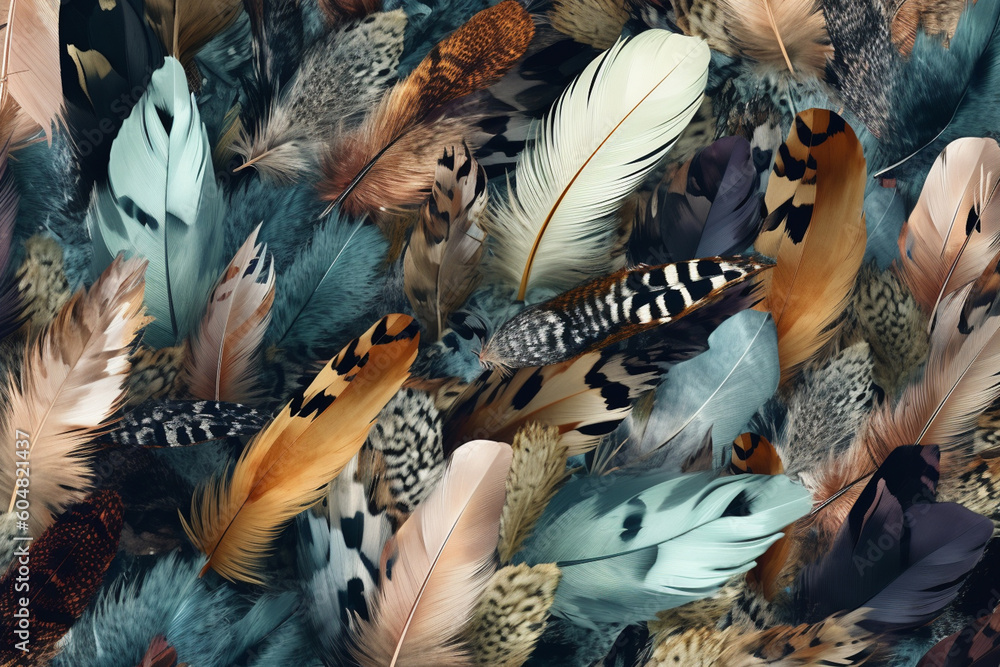 Aufkleber A collage-style feather background pattern texture, with feathers of various species and sizes overlapping and layered to create a visually rich and textured composition. Generative AI technology.