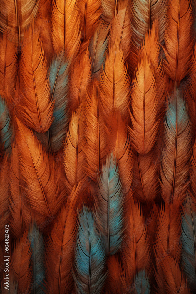 Poster A rustic-inspired feather background pattern texture, with feathers arranged on a textured wooden surface,  Generative AI technology.