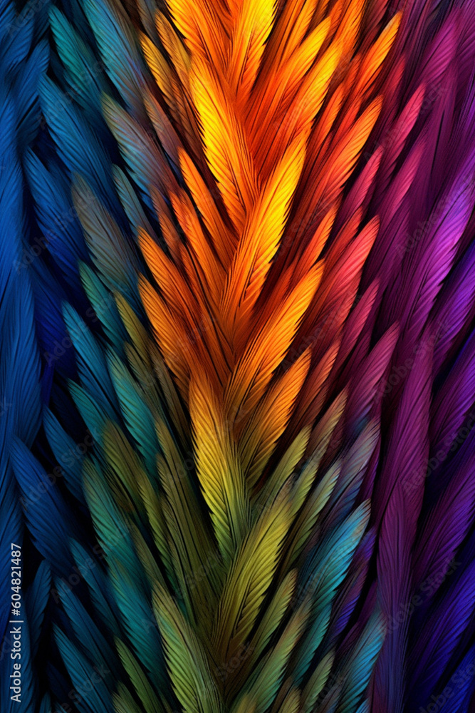 Poster An abstract representation of feathers in a symmetrical pattern, with bold and contrasting colors, Generative AI technology.