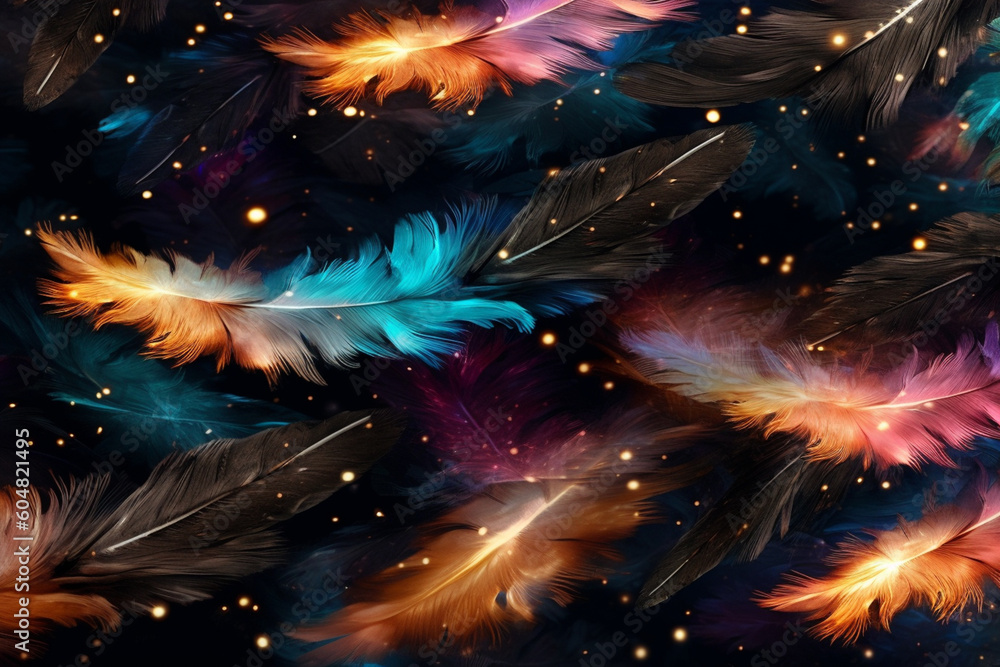 Poster A celestial-themed feather background pattern texture, with feathers arranged in the shape of stars and moons against a dark backdrop, Generative AI technology.