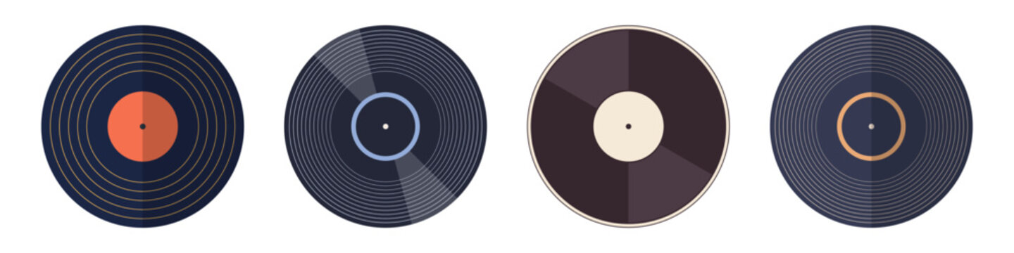 Vinyl icons. Vector vinyl record disc set. Vector color illustration. The view from the top. Gramophone LP vinyl record. Retro design.
