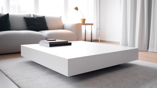 Cozy White Home Corner, a Coffee Table as a Background for Product Display, Generative AI