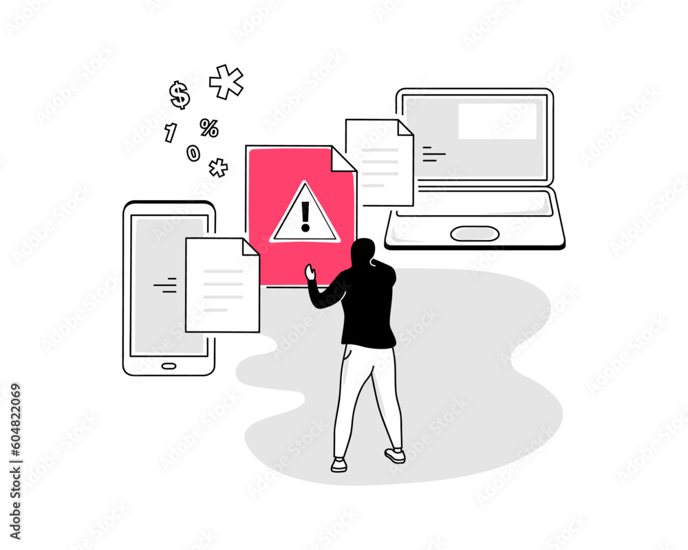 Poster Illustration of a man-in-the-middle attack symbol with two devices communications and a hacker modifying their private data and using them for malicious purposes.