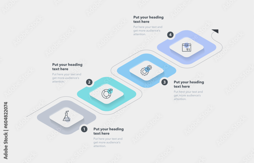 Aufkleber Rectangular process infographic template with four steps. Isometric chart design for workflow layout, diagram, banner, webdesign.