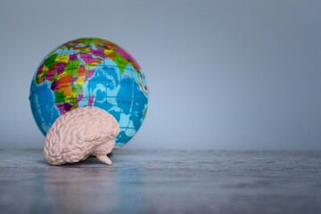 Human brain and world globe on table with copy space. World mental health day concept