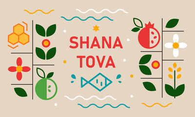 Jewish holiday Rosh Hashana, greeting card in minimalistic style. Jewish traditional greetings shana tova. Pomegranate, apple, fish, honey and flowers. Vector illustration