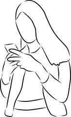 Woman with a smartphone in her hands, vector. Hand drawn sketch. A woman holds a smartphone in her hands and looks at the screen.
