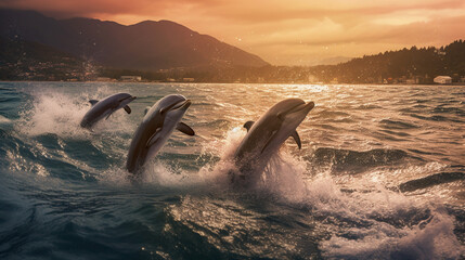 Dolphins jumping out of the water at sunset