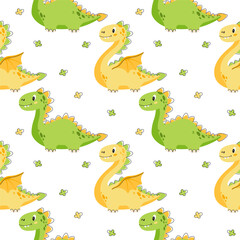 Sweet little dino. Dinosaur baby cute seamless pattern. Vector illustration