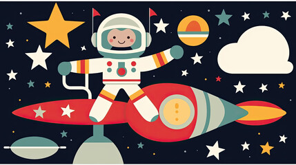 Naklejka premium The astronaut is flying in outer space with a rocket behind them