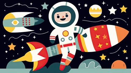 cosmonaut floating in outer space with a rocket portrayed in a charming cartoon vector style