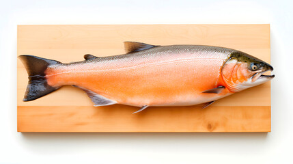 Fish salmon on wooden cutting board. Delicious organic healthy food. Omega 3 supply pink trout top view close up photo