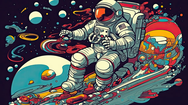 Captivating Cartoon Illustration of Astronaut Exploring Vibrant Cosmic Landscape