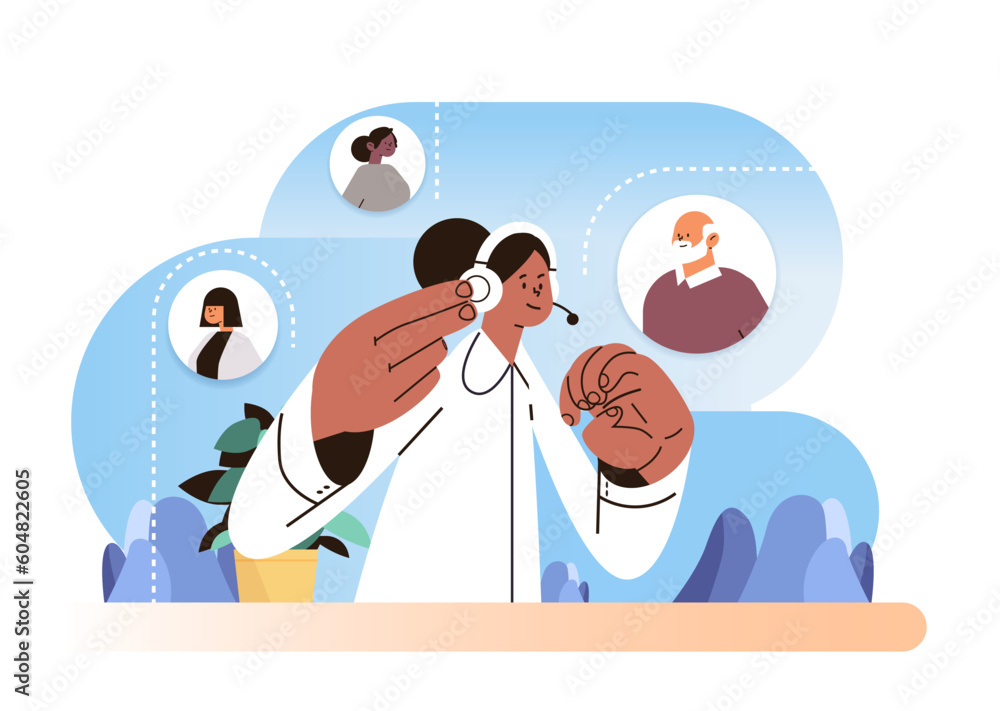 Poster operator with headset chatting with clients call center contact customer support service concept