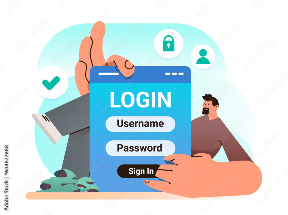 Poster man login to social media app mobile or computer application users entering username and password cr