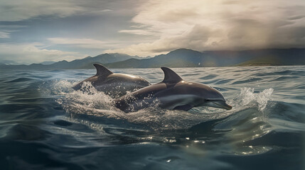 Fototapeta premium Dolphins jumping out of the water at sunset