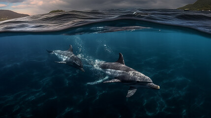 Fototapeta premium Dolphins jumping out of the water at sunset