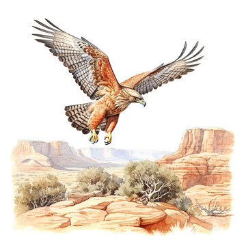 A painting of a hawk flying over a desert area. Generative AI.