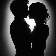Silhouettes of Man and Woman Kissing, Luminous Background