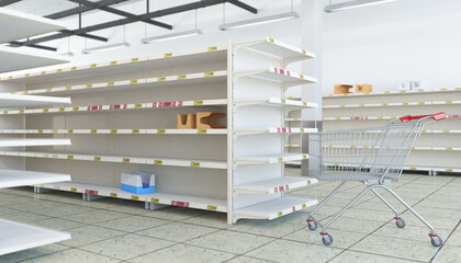 3d Illustation eines Supermarktes mit einem Einkaufswagen und leeren Gängen und leeren Regalen. - 604822830