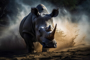 Angry rhinoceros. Сlose up portrait of a Rhino. Dangerous Big Horn Rhino Face.	
