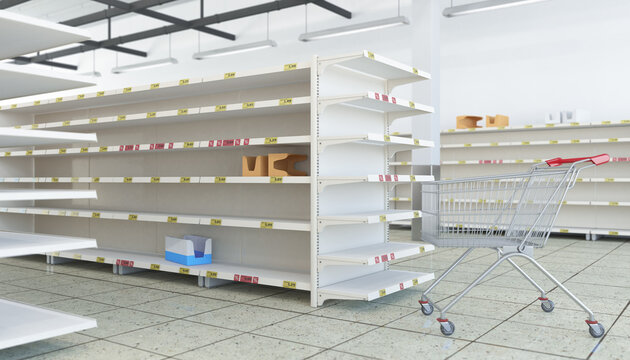 3d Illustation eines Supermarktes mit einem Einkaufswagen und leeren Gängen und leeren Regalen.